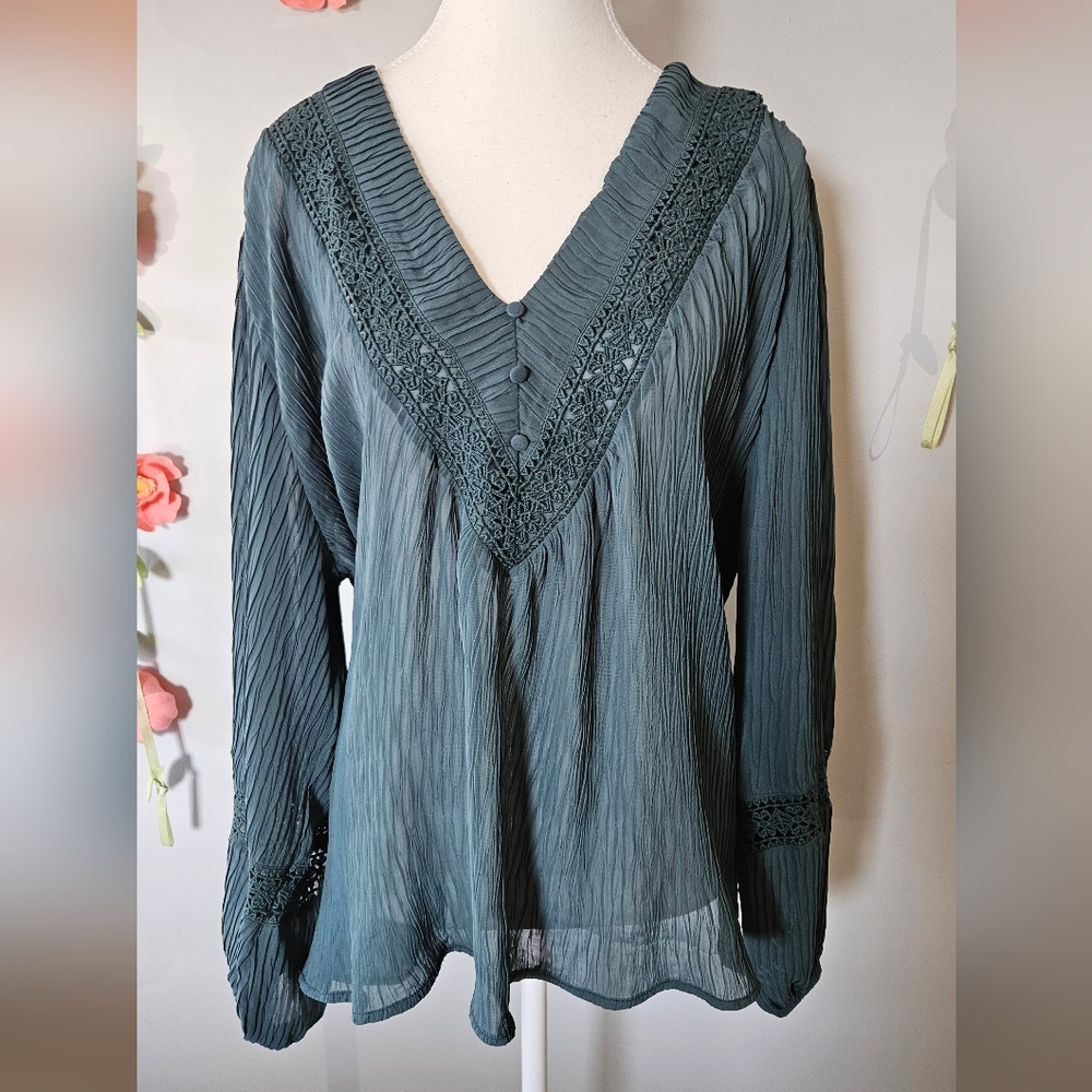 Maurices Teal V-Neck Lace-Trim Pleated Blouse